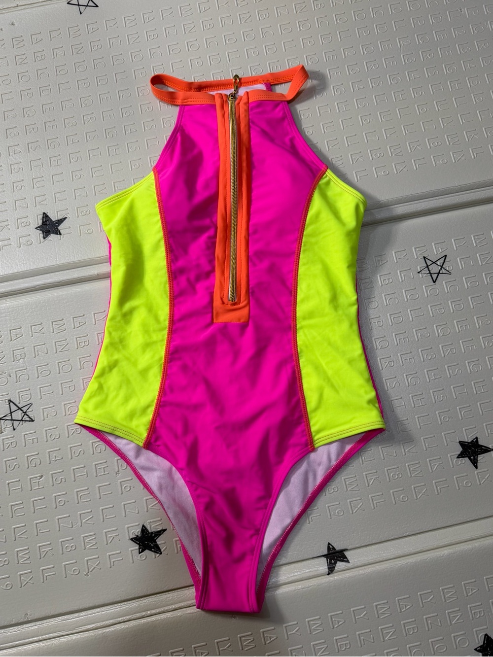 Neon Pink & Yellow One-Piece Swimsuit with Front Zip
